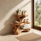 Burl Trunk Bathroom Shelf Stand, Three Level Live Edge Solid Wood Organizer for Counter or Ledge