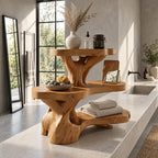 Burl Trunk Bathroom Shelf Stand, Three Level Live Edge Solid Wood Organizer for Counter or Ledge