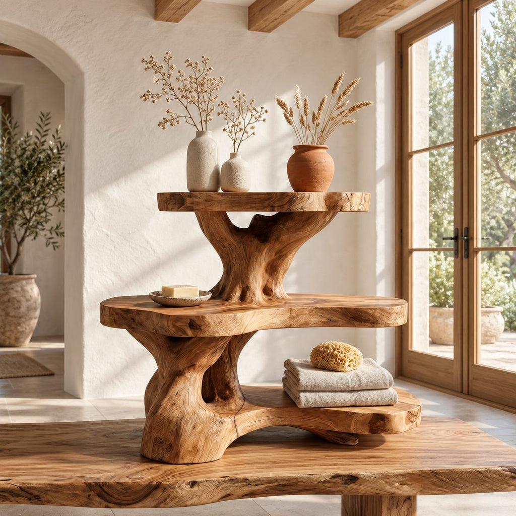 Burl Trunk Bathroom Shelf Stand, Three Level Live Edge Solid Wood Organizer for Counter or Ledge