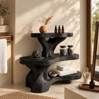 Burl Trunk Bathroom Shelf Stand, Three Level Live Edge Solid Wood Organizer for Counter or Ledge
