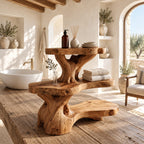 Burl Trunk Bathroom Shelf Stand, Three Level Live Edge Solid Wood Organizer for Counter or Ledge