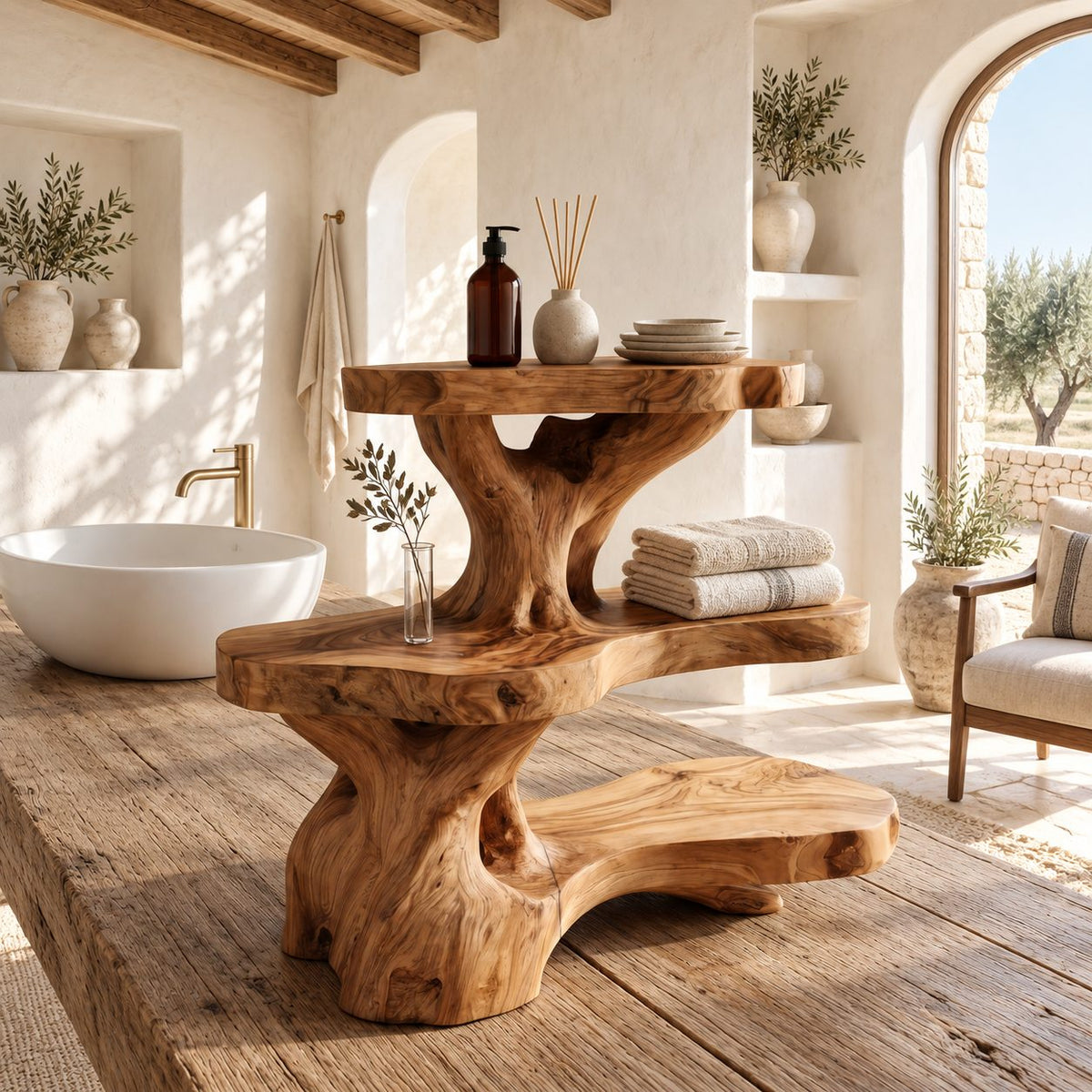 Burl Trunk Bathroom Shelf Stand, Three Level Live Edge Solid Wood Organizer for Counter or Ledge