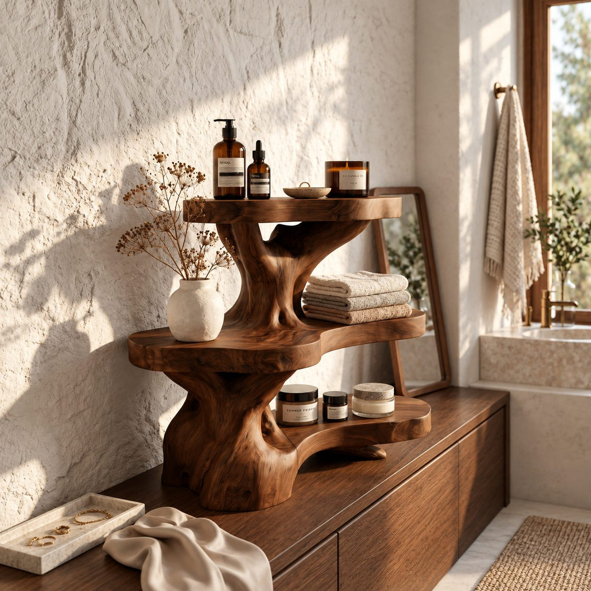 Burl Trunk Bathroom Shelf Stand, Three Level Live Edge Solid Wood Organizer for Counter or Ledge