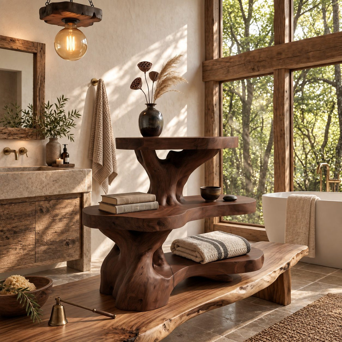 Burl Trunk Bathroom Shelf Stand, Three Level Live Edge Solid Wood Organizer for Counter or Ledge