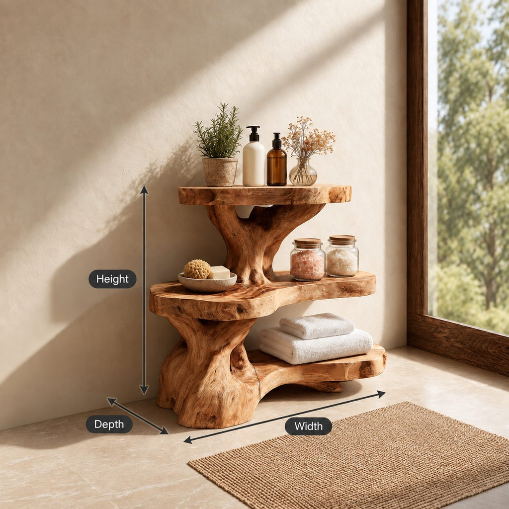 Burl Trunk Bathroom Shelf Stand, Three Level Live Edge Solid Wood Organizer for Counter or Ledge
