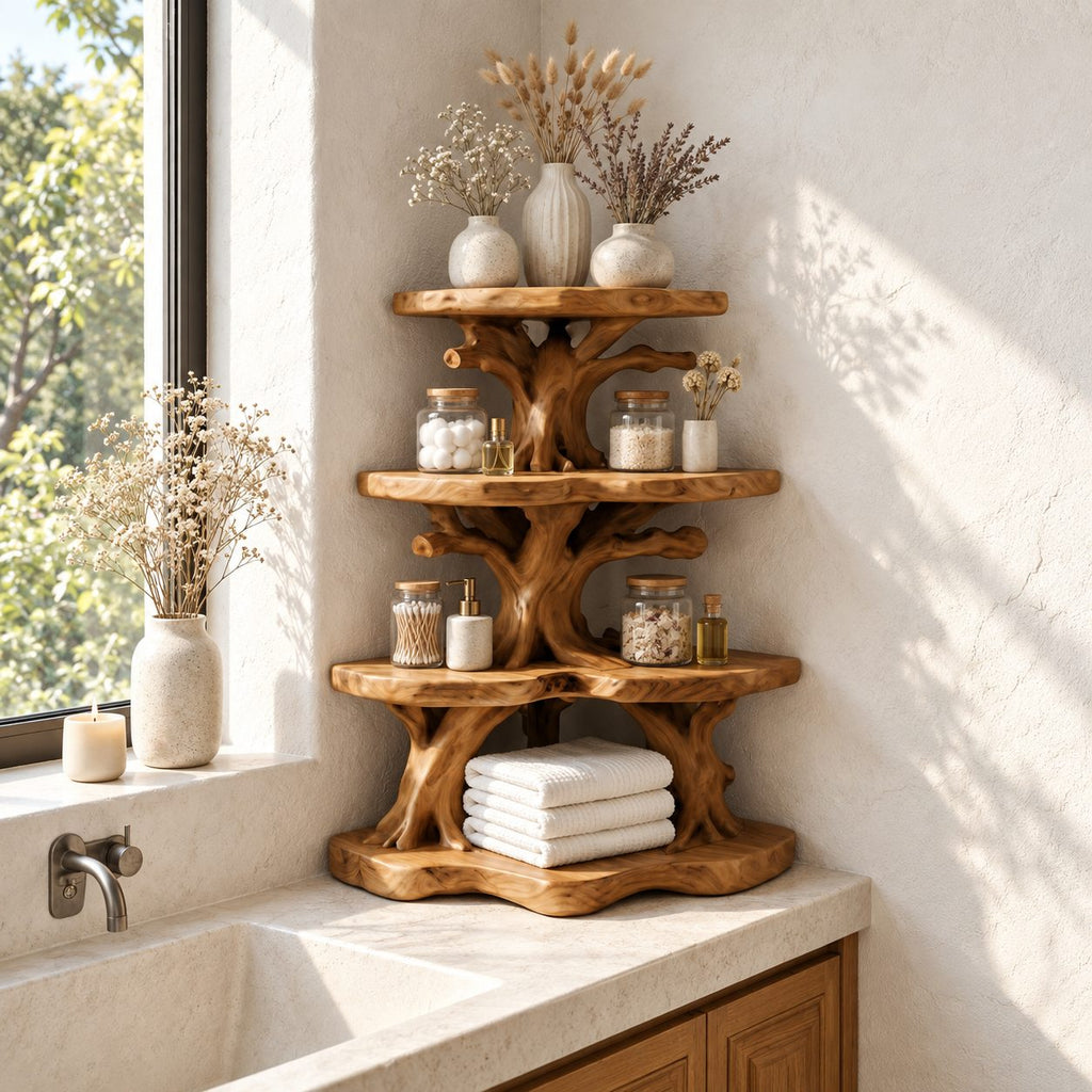 Wide Canopy Corner Bathroom Shelf, Three Tier Branching Solid Wood Tree Tower for Counter Corners