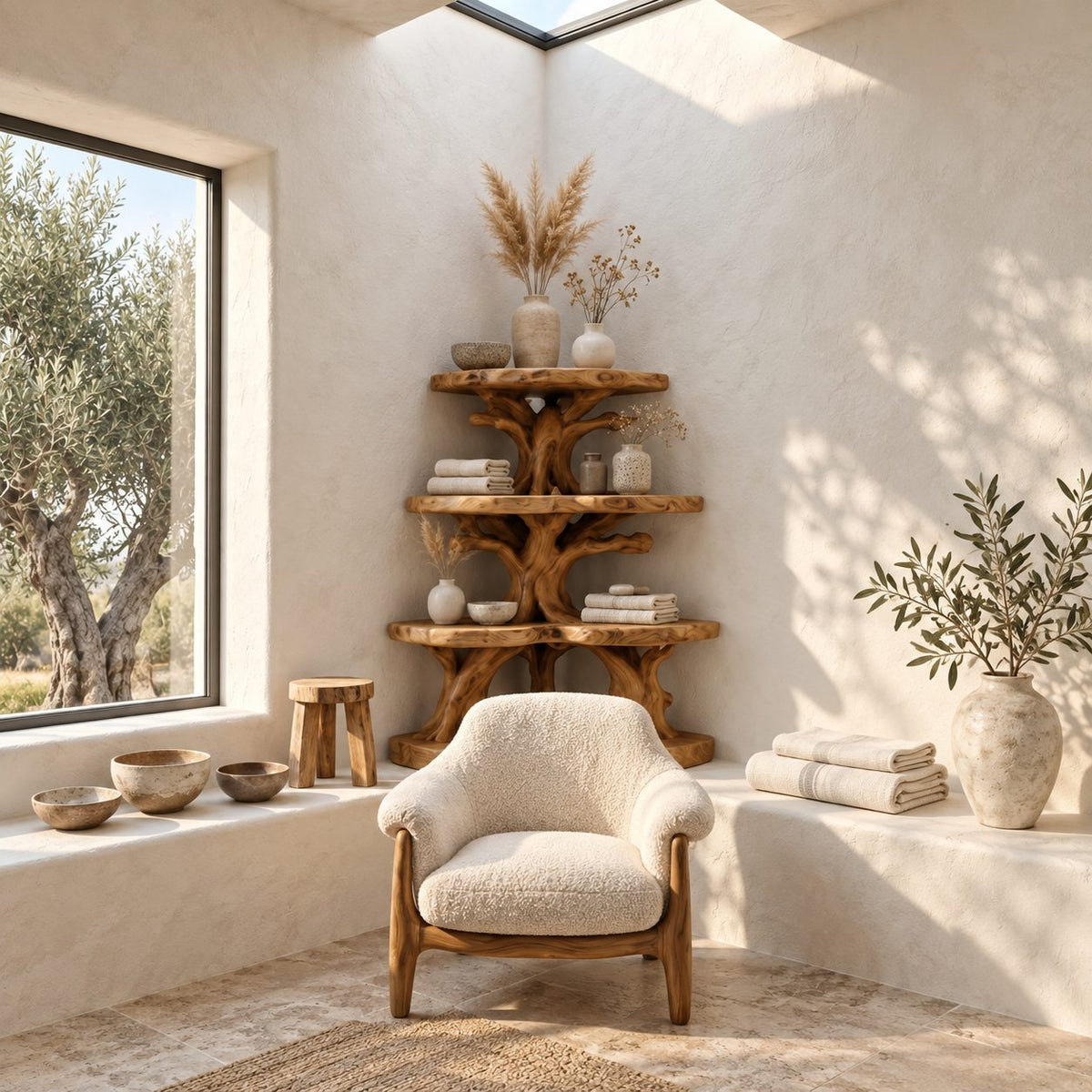 Wide Canopy Corner Bathroom Shelf, Three Tier Branching Solid Wood Tree Tower for Counter Corners