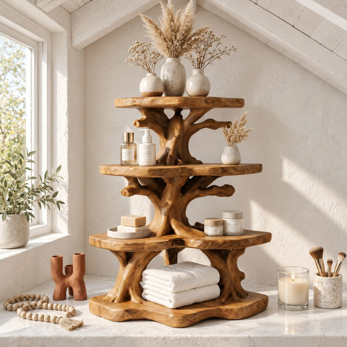 Wide Canopy Corner Bathroom Shelf, Three Tier Branching Solid Wood Tree Tower for Counter Corners