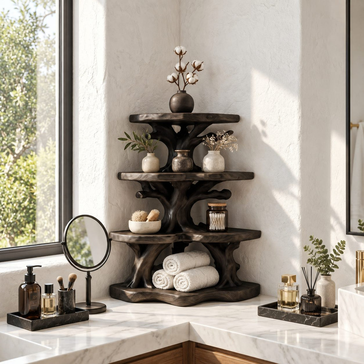 Wide Canopy Corner Bathroom Shelf, Three Tier Branching Solid Wood Tree Tower for Counter Corners