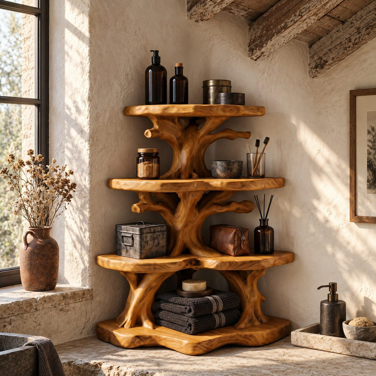 Wide Canopy Corner Bathroom Shelf, Three Tier Branching Solid Wood Tree Tower for Counter Corners