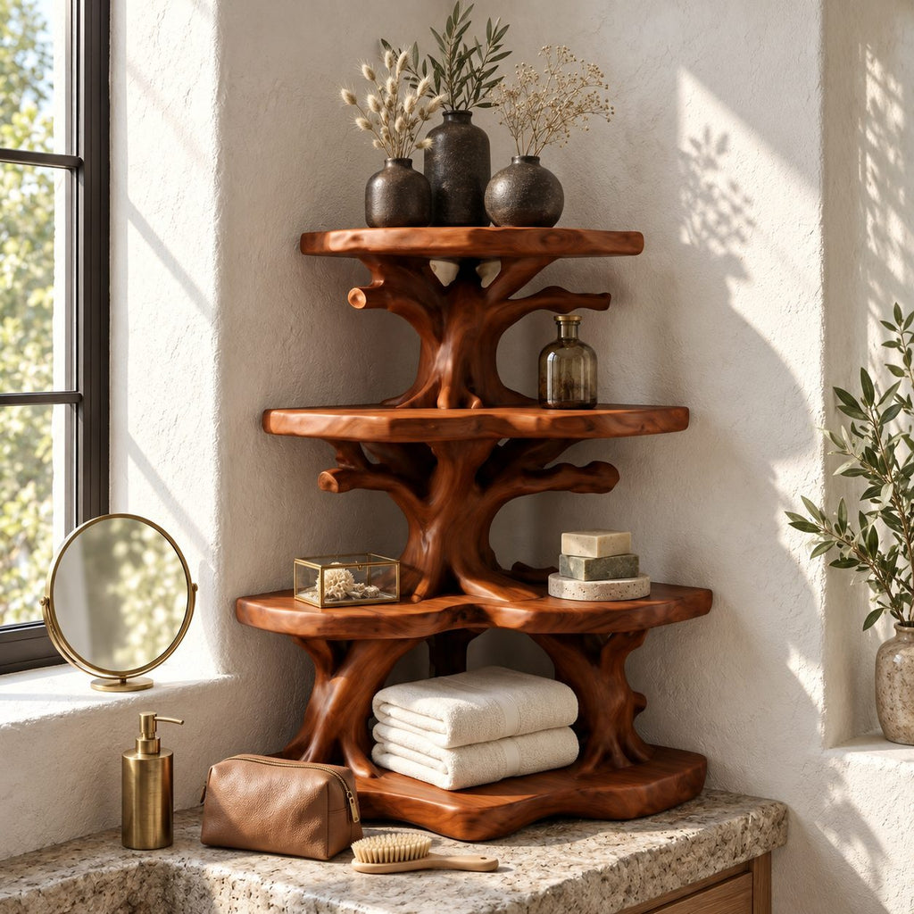 Wide Canopy Corner Bathroom Shelf, Three Tier Branching Solid Wood Tree Tower for Counter Corners