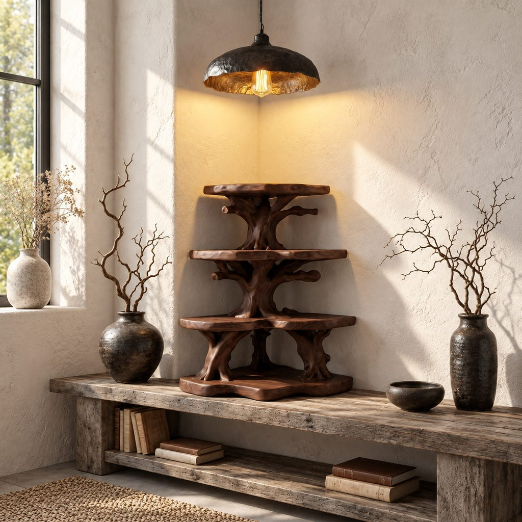 Wide Canopy Corner Bathroom Shelf, Three Tier Branching Solid Wood Tree Tower for Counter Corners