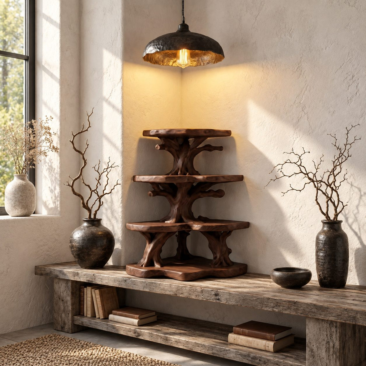 Wide Canopy Corner Bathroom Shelf, Three Tier Branching Solid Wood Tree Tower for Counter Corners