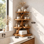 Wide Canopy Corner Bathroom Shelf, Three Tier Branching Solid Wood Tree Tower for Counter Corners