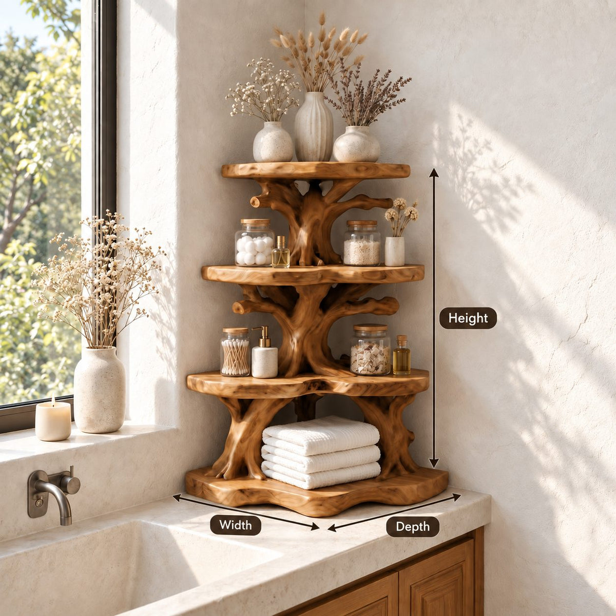 Wide Canopy Corner Bathroom Shelf, Three Tier Branching Solid Wood Tree Tower for Counter Corners