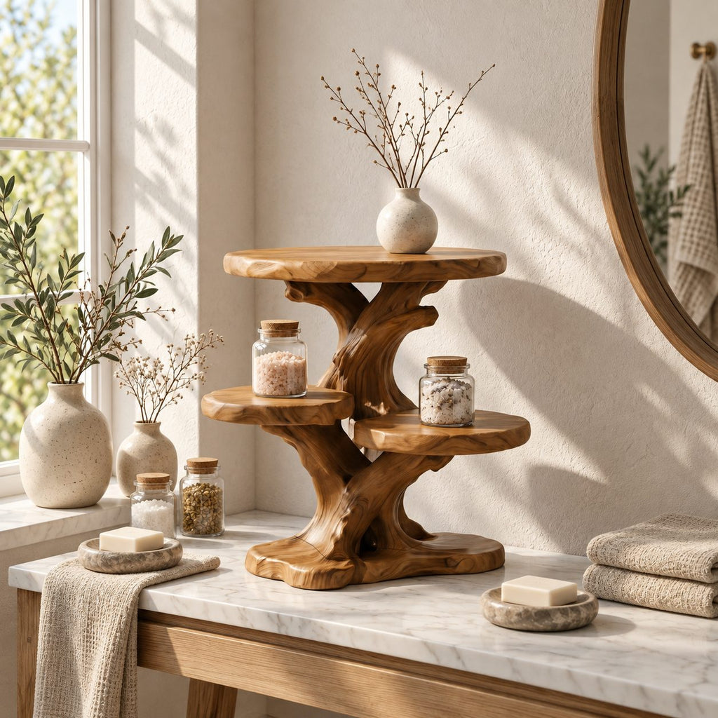 Three Tray Branch Bathroom Counter Stand, Twisted Trunk Solid Wood Vanity Organizer, 24 Inch Wide