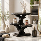 Three Tray Branch Bathroom Counter Stand, Twisted Trunk Solid Wood Vanity Organizer, 24 Inch Wide