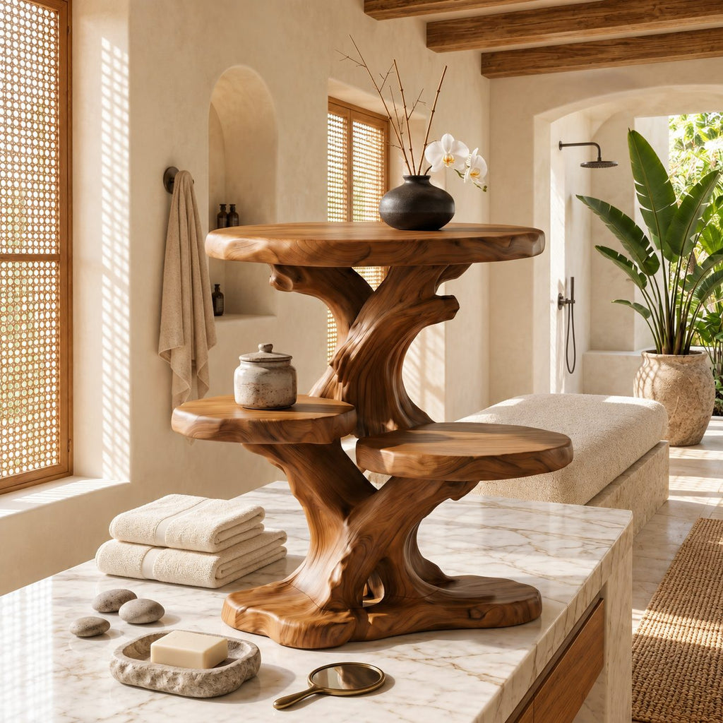 Three Tray Branch Bathroom Counter Stand, Twisted Trunk Solid Wood Vanity Organizer, 24 Inch Wide