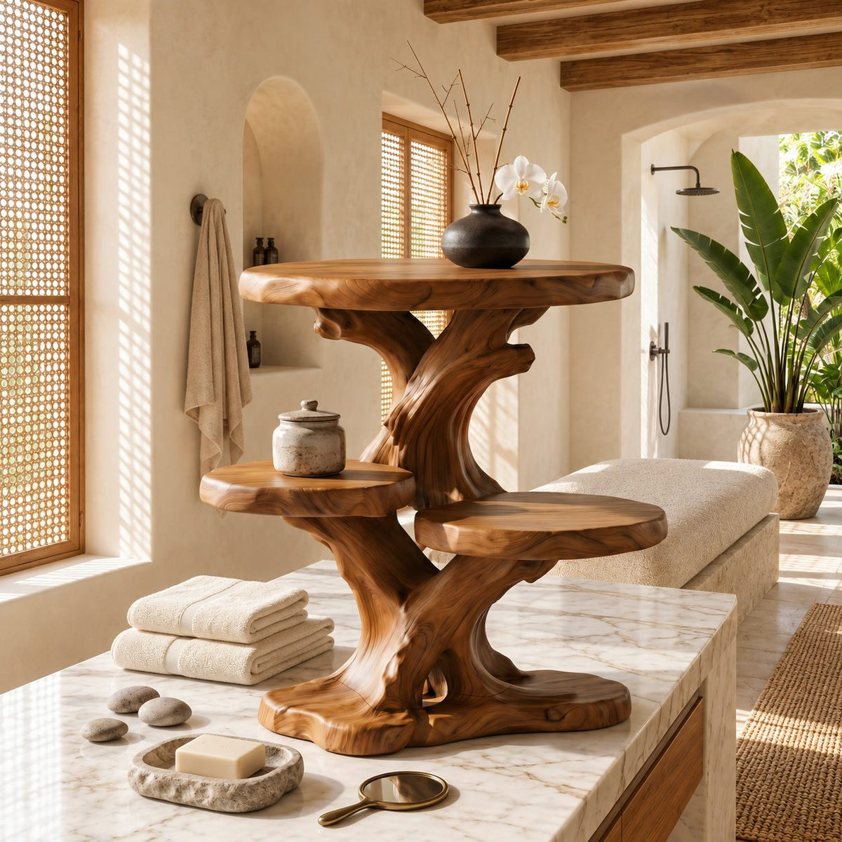 Three Tray Branch Bathroom Counter Stand, Twisted Trunk Solid Wood Vanity Organizer, 24 Inch Wide