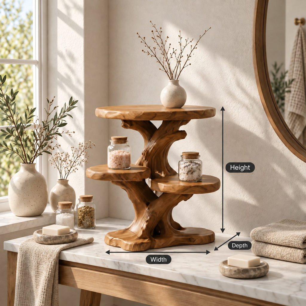 Three Tray Branch Bathroom Counter Stand, Twisted Trunk Solid Wood Vanity Organizer, 24 Inch Wide