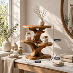 Three Tray Branch Bathroom Counter Stand, Twisted Trunk Solid Wood Vanity Organizer, 24 Inch Wide