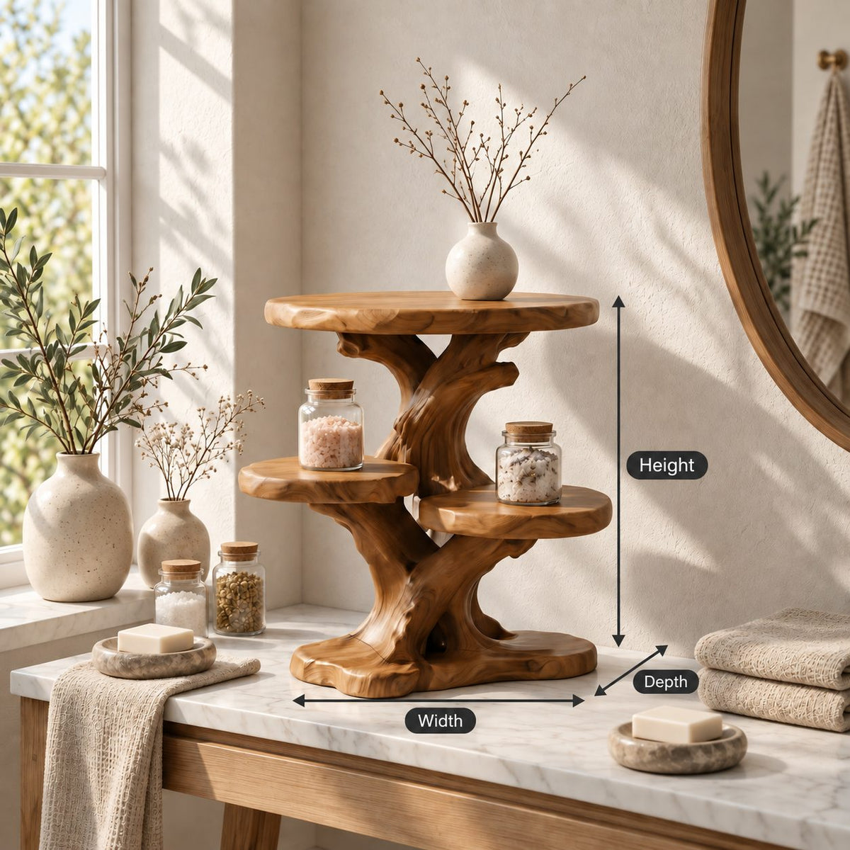 Three Tray Branch Bathroom Counter Stand, Twisted Trunk Solid Wood Vanity Organizer, 24 Inch Wide