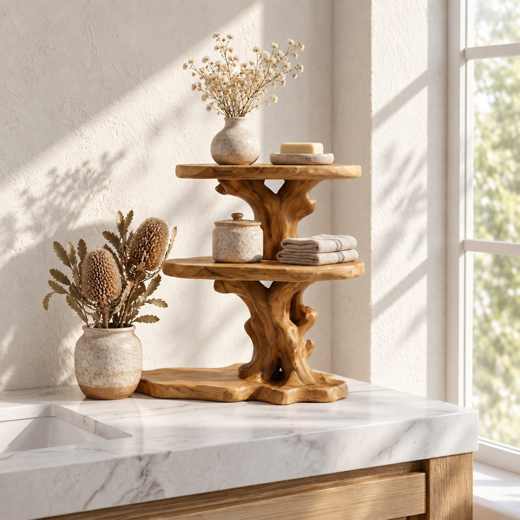 Two Tier Round Bathroom Counter Shelf, Carved Trunk Solid Wood Vanity Stand with Live Edge Base