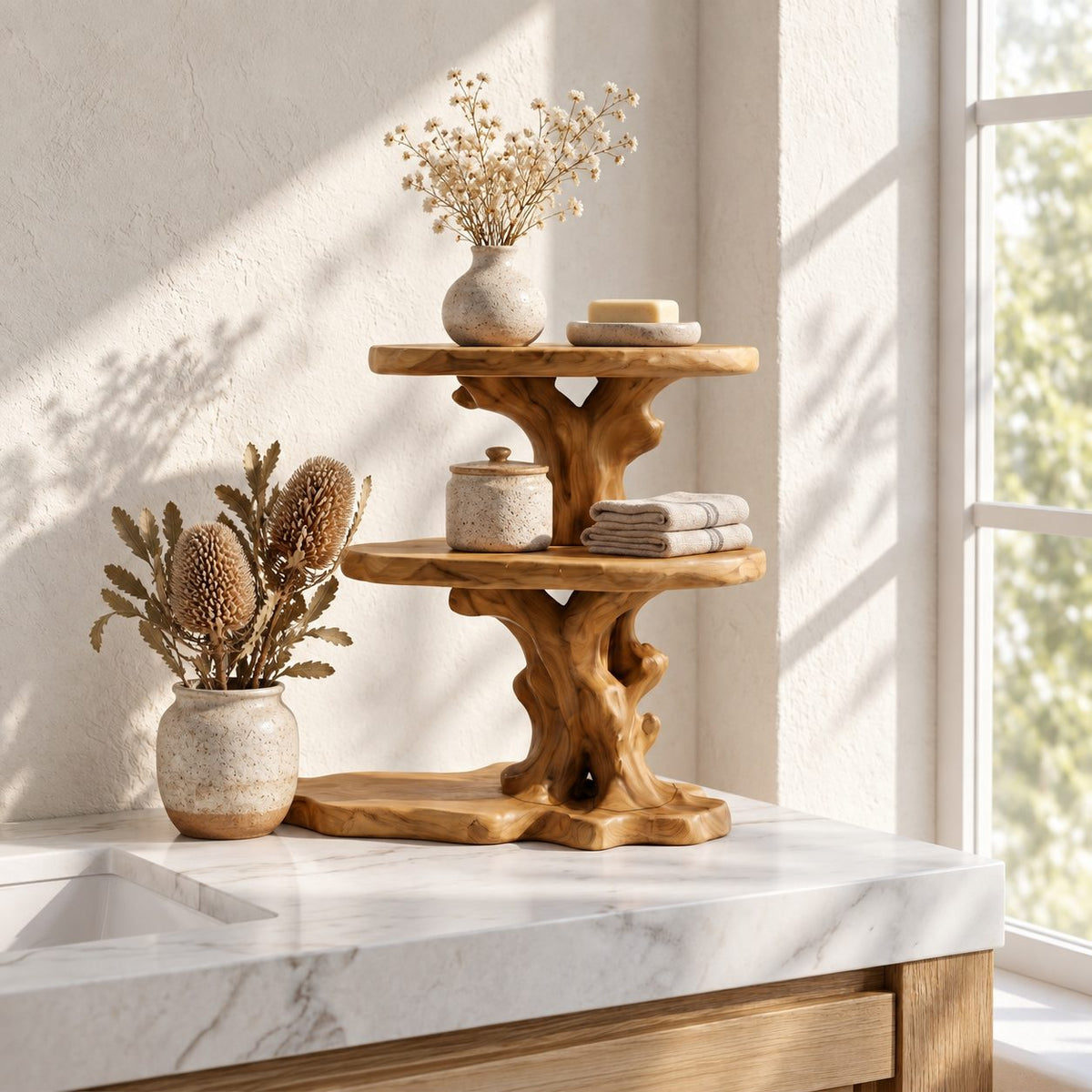 Two Tier Round Bathroom Counter Shelf, Carved Trunk Solid Wood Vanity Stand with Live Edge Base