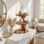 Two Tier Round Bathroom Counter Shelf, Carved Trunk Solid Wood Vanity Stand with Live Edge Base