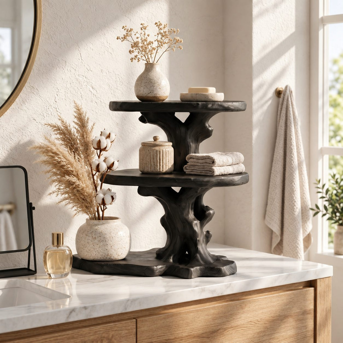 Two Tier Round Bathroom Counter Shelf, Carved Trunk Solid Wood Vanity Stand with Live Edge Base