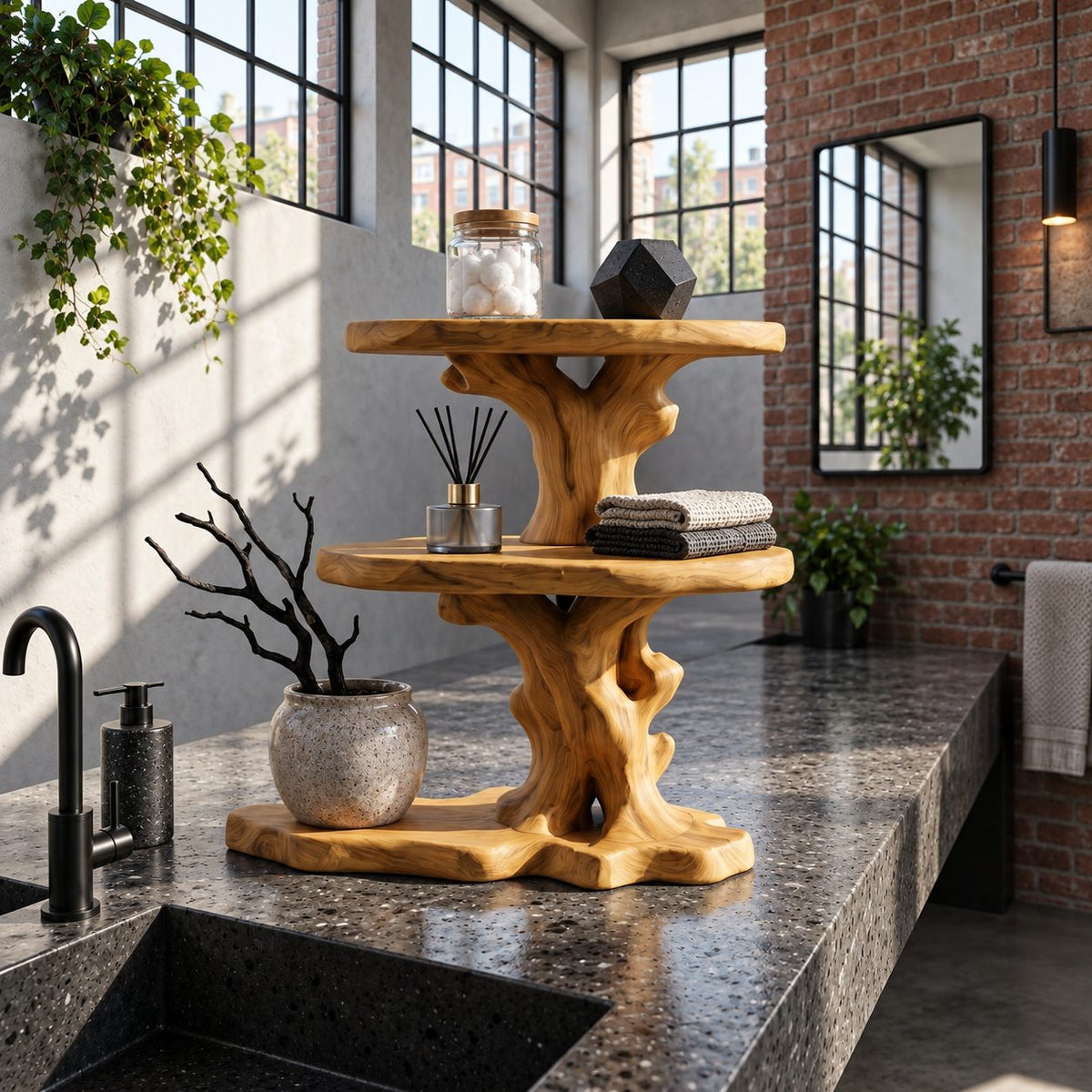 Two Tier Round Bathroom Counter Shelf, Carved Trunk Solid Wood Vanity Stand with Live Edge Base
