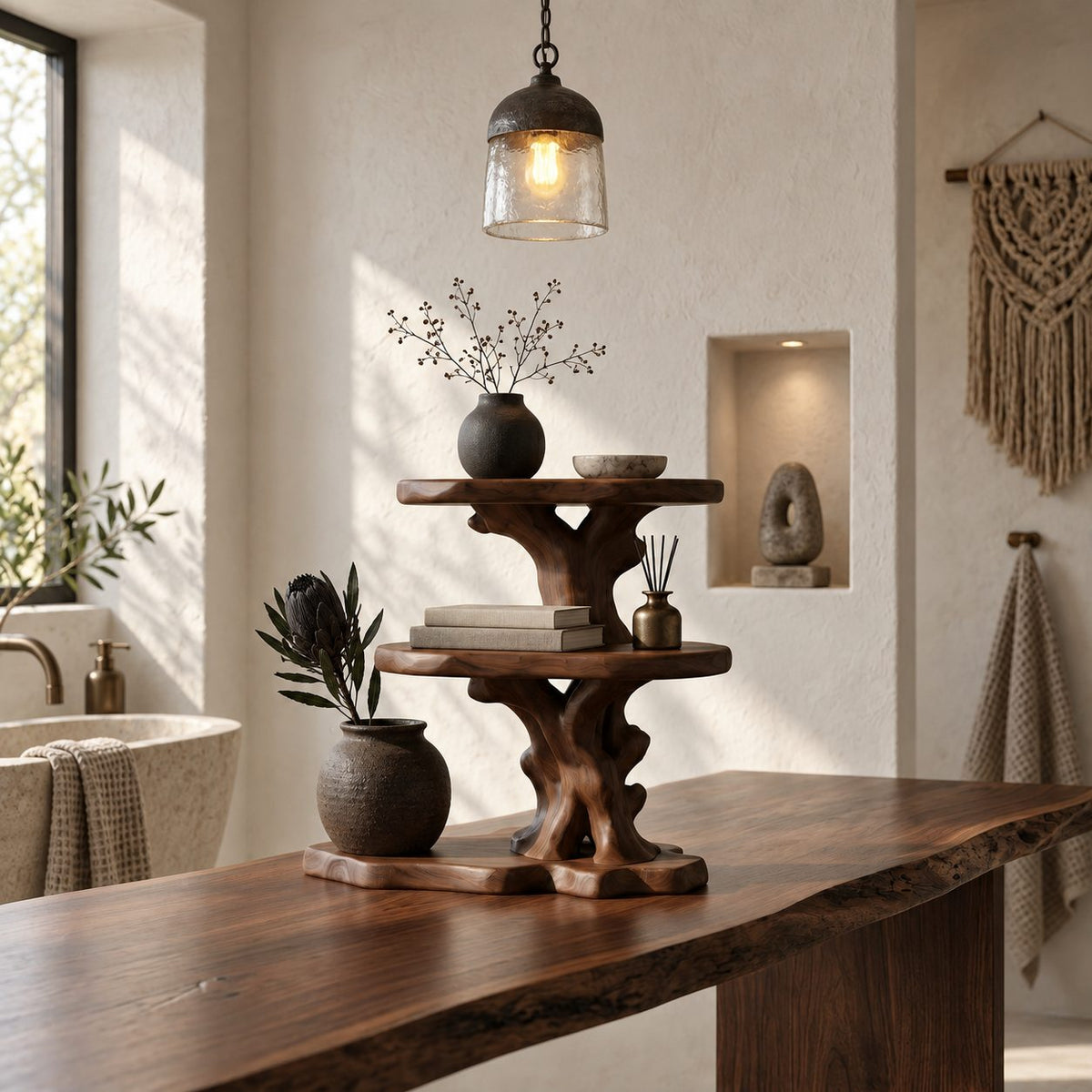 Two Tier Round Bathroom Counter Shelf, Carved Trunk Solid Wood Vanity Stand with Live Edge Base