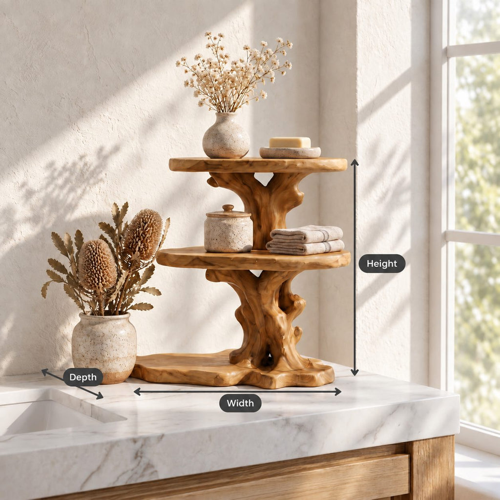 Two Tier Round Bathroom Counter Shelf, Carved Trunk Solid Wood Vanity Stand with Live Edge Base