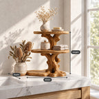 Two Tier Round Bathroom Counter Shelf, Carved Trunk Solid Wood Vanity Stand with Live Edge Base