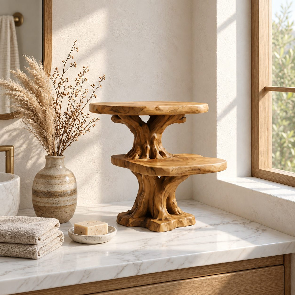 Root Foot Pedestal Bathroom Counter Shelf, Two Tier Live Edge Solid Wood Tree Stand, 24 Inch