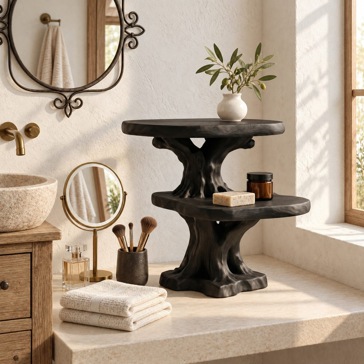 Root Foot Pedestal Bathroom Counter Shelf, Two Tier Live Edge Solid Wood Tree Stand, 24 Inch