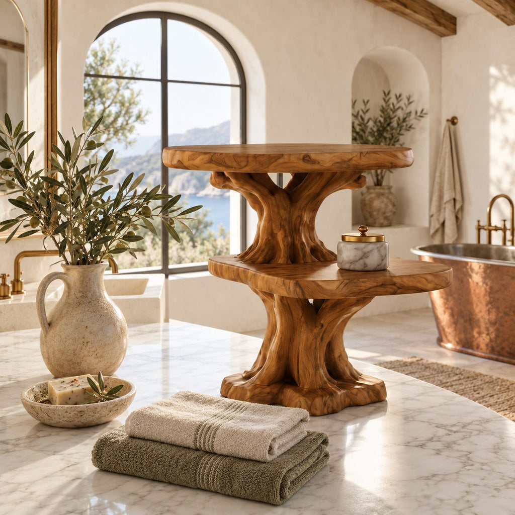 Root Foot Pedestal Bathroom Counter Shelf, Two Tier Live Edge Solid Wood Tree Stand, 24 Inch