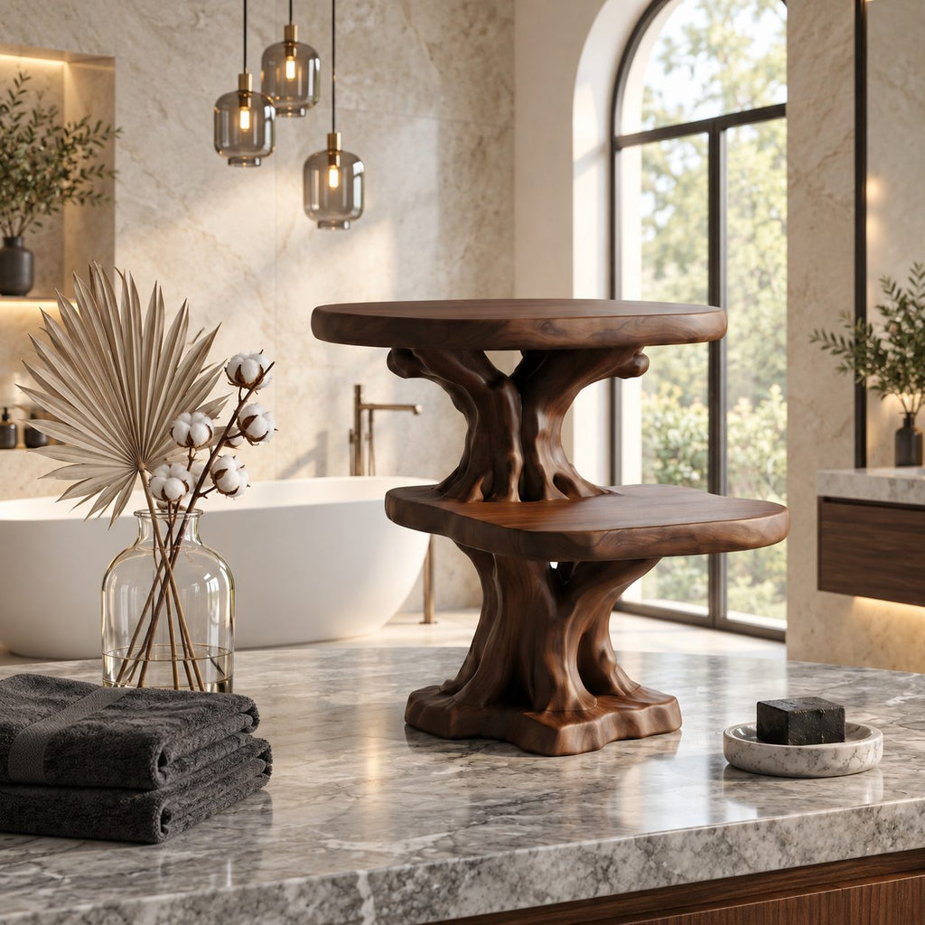 Root Foot Pedestal Bathroom Counter Shelf, Two Tier Live Edge Solid Wood Tree Stand, 24 Inch