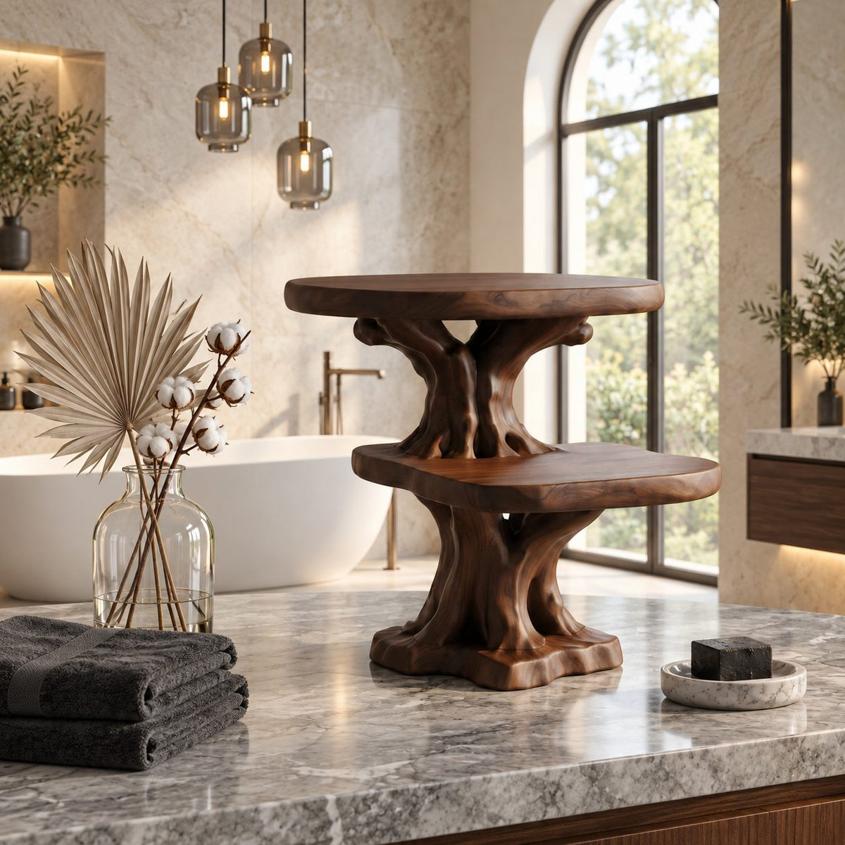 Root Foot Pedestal Bathroom Counter Shelf, Two Tier Live Edge Solid Wood Tree Stand, 24 Inch
