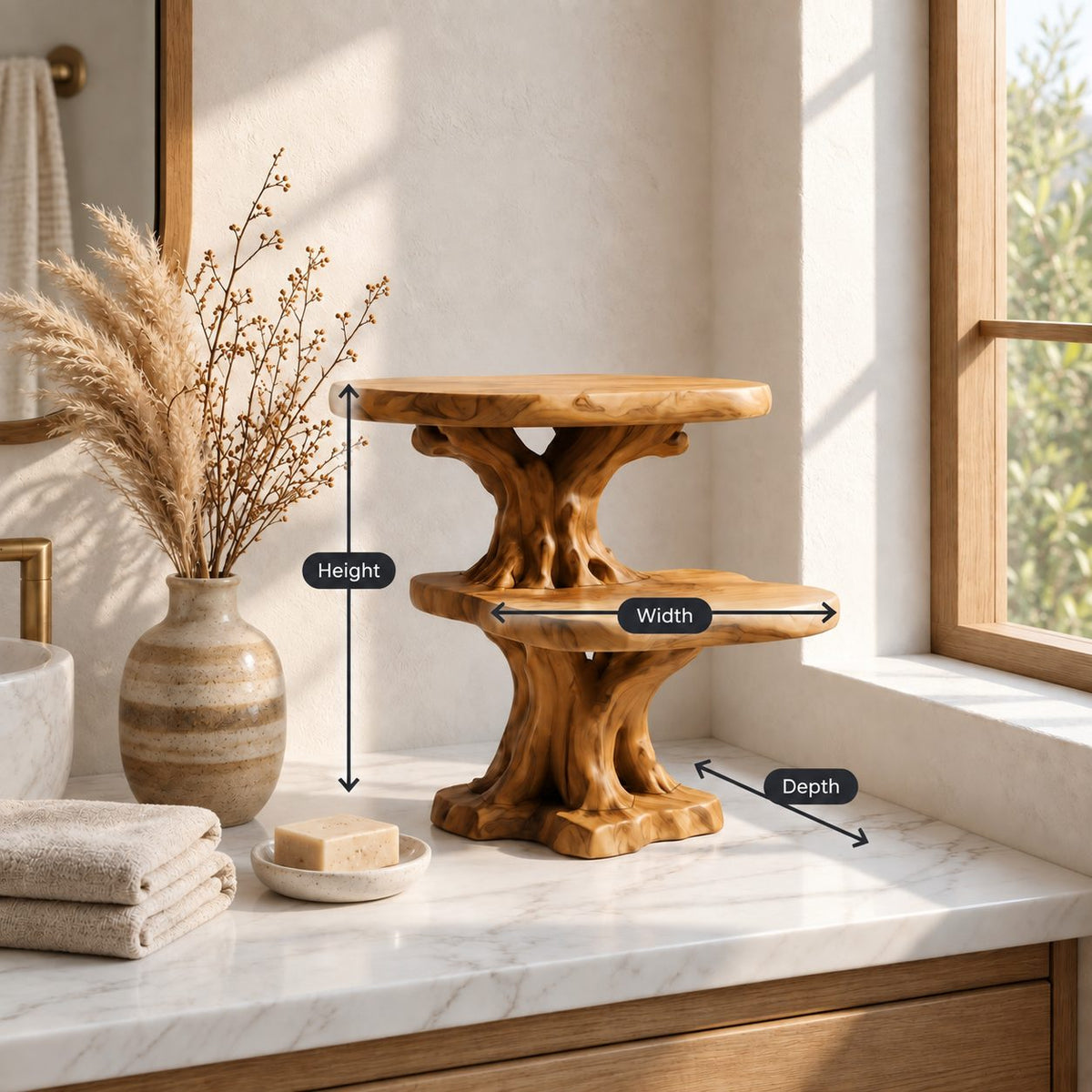 Root Foot Pedestal Bathroom Counter Shelf, Two Tier Live Edge Solid Wood Tree Stand, 24 Inch