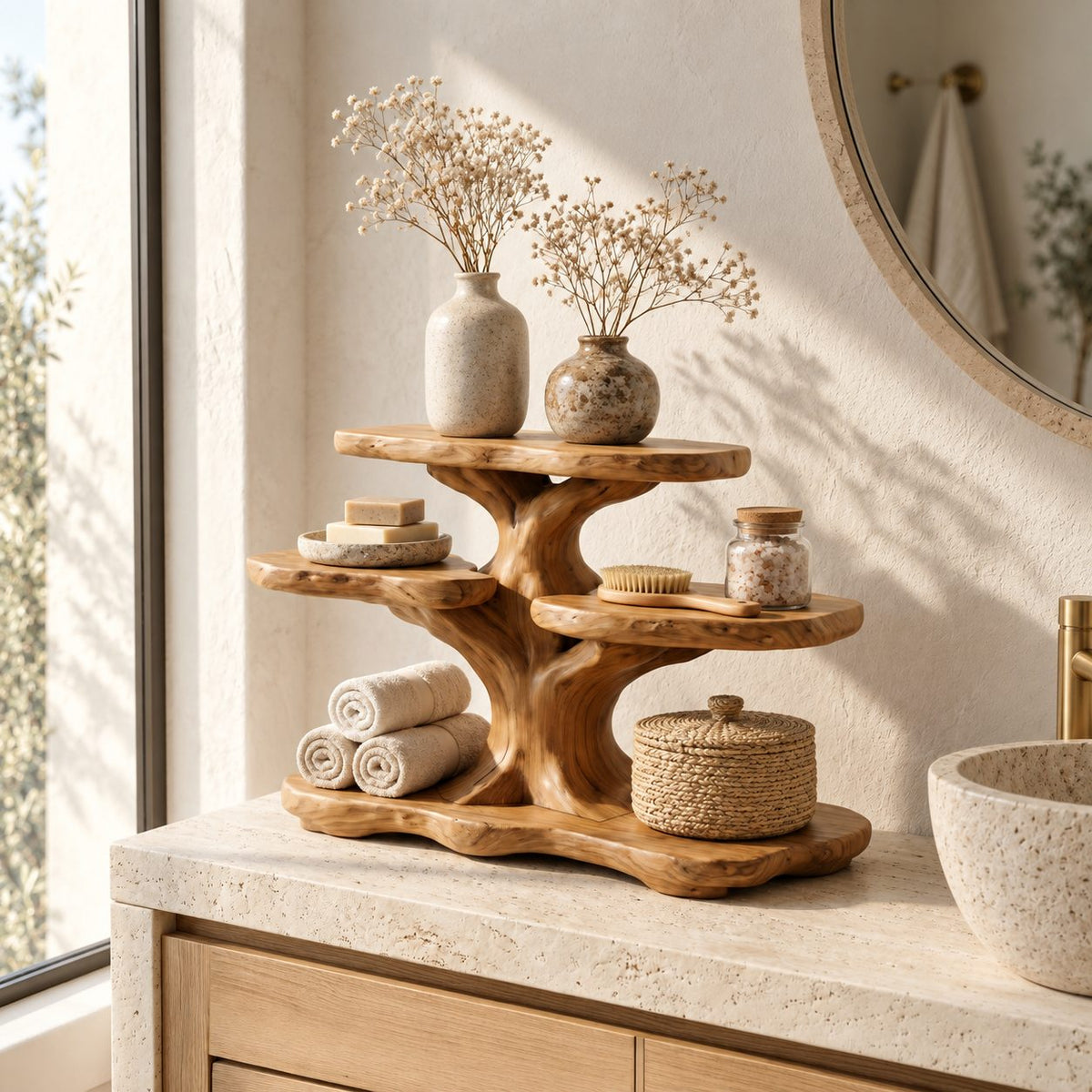 Spreading Tree Bathroom Counter Organizer, Four Level Solid Wood Vanity Shelf with Basket Space