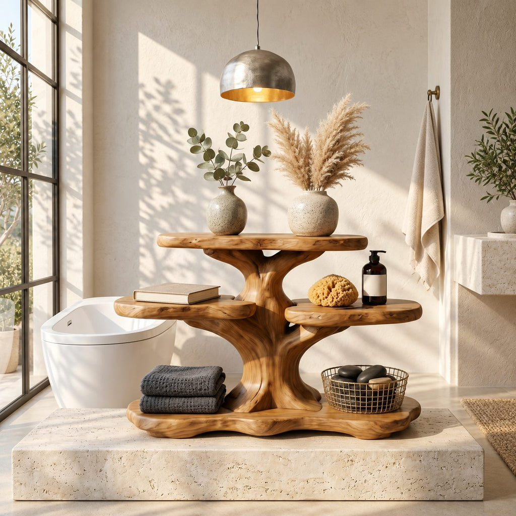 Spreading Tree Bathroom Counter Organizer, Four Level Solid Wood Vanity Shelf with Basket Space
