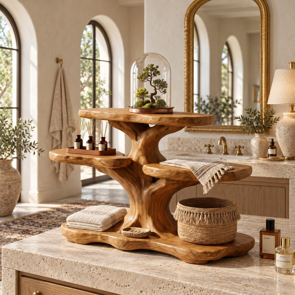 Spreading Tree Bathroom Counter Organizer, Four Level Solid Wood Vanity Shelf with Basket Space