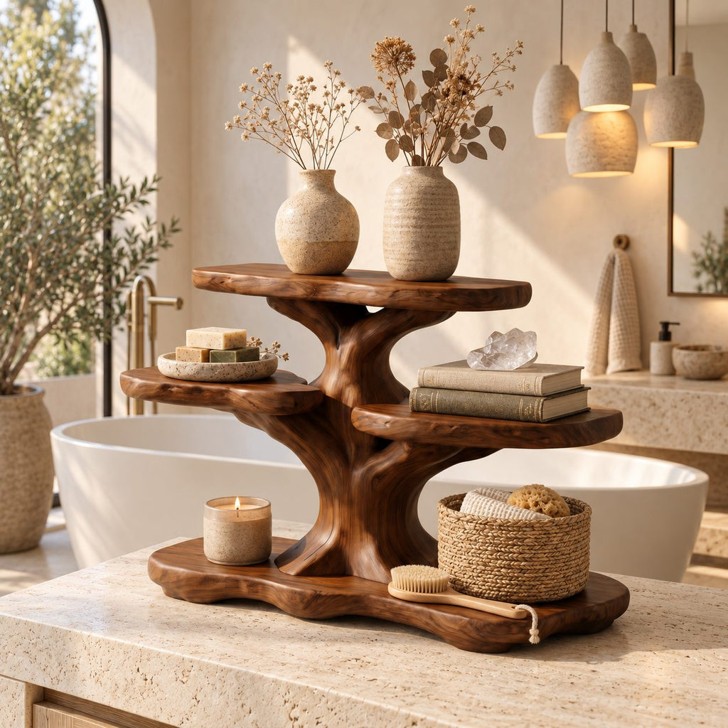 Spreading Tree Bathroom Counter Organizer, Four Level Solid Wood Vanity Shelf with Basket Space