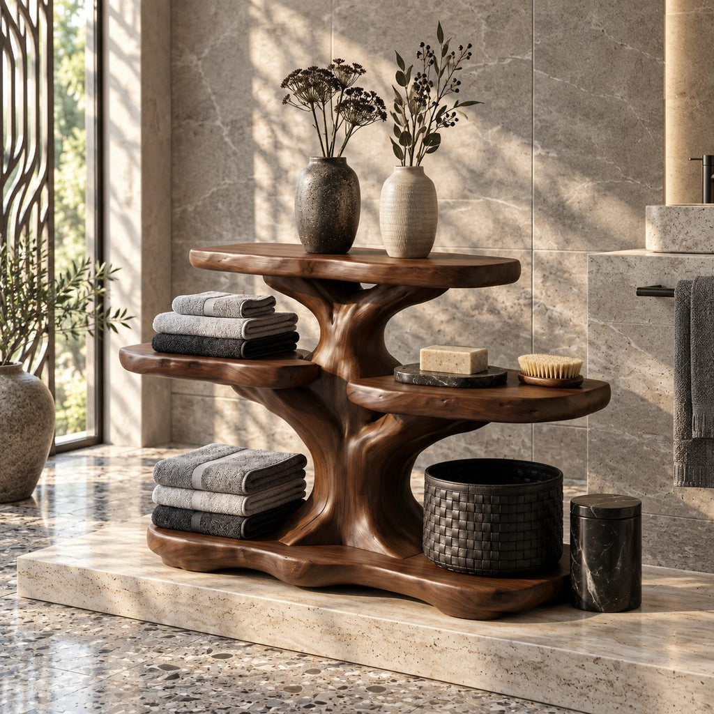 Spreading Tree Bathroom Counter Organizer, Four Level Solid Wood Vanity Shelf with Basket Space