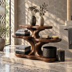 Spreading Tree Bathroom Counter Organizer, Four Level Solid Wood Vanity Shelf with Basket Space