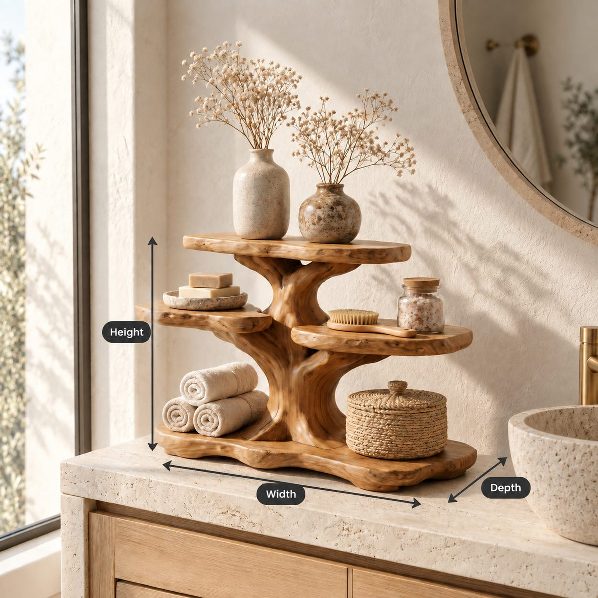 Spreading Tree Bathroom Counter Organizer, Four Level Solid Wood Vanity Shelf with Basket Space