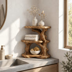 Driftwood Column Corner Bathroom Organizer, Three Level Solid Wood Vanity Shelf for Counter Corners