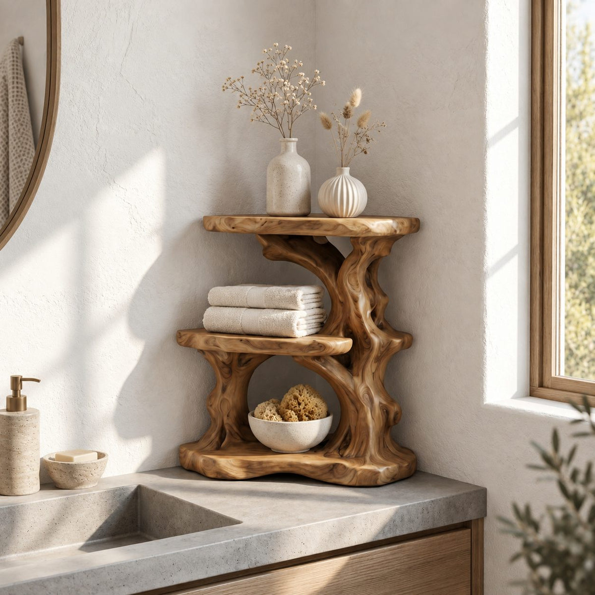 Driftwood Column Corner Bathroom Organizer, Three Level Solid Wood Vanity Shelf for Counter Corners