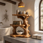 Driftwood Column Corner Bathroom Organizer, Three Level Solid Wood Vanity Shelf for Counter Corners